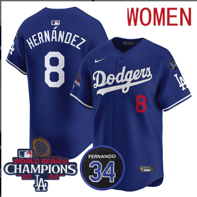 Women MLB Los Angeles Dodgers #8 Hernandez blue 2024 World Series Champions Patch Limited Jersey->women mlb jersey->Women Jersey